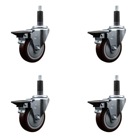 Service Caster 4'' Maroon Poly Swivel 1'' Expanding Stem Caster Set with Brake, 4PK SCC-EX20S414-PPUB-MRN-PLB-1-4